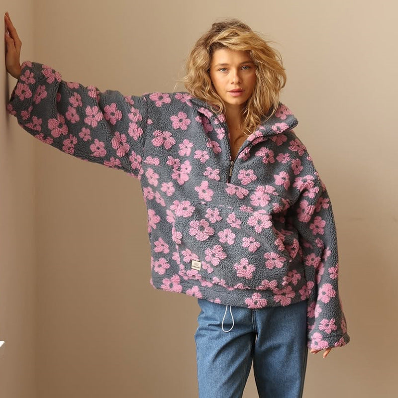 Daisy | Cozy Floral Fleece Zip-Up Pullover