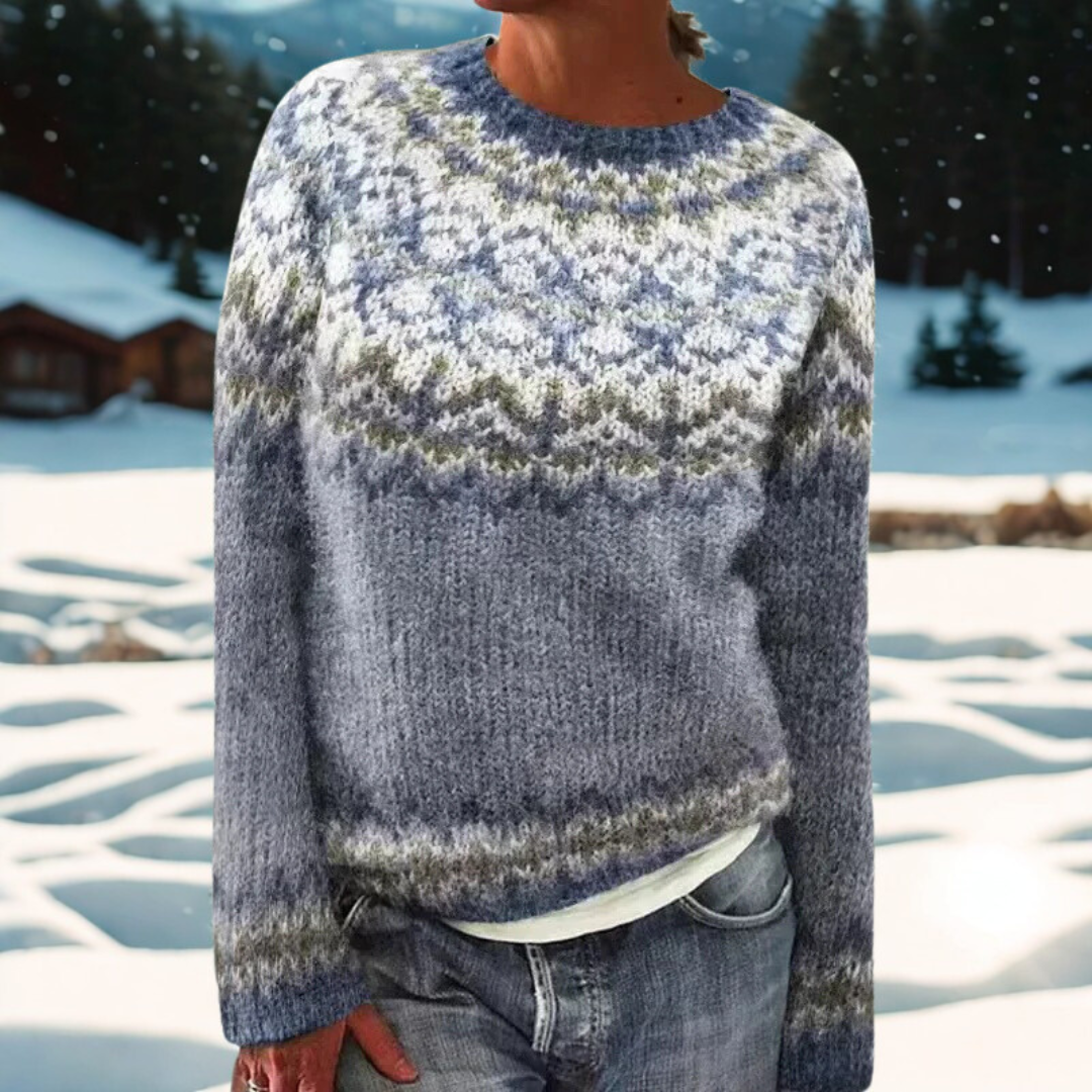 Genevieve β Warm Sweater with Traditional Woven Shoulder Pattern