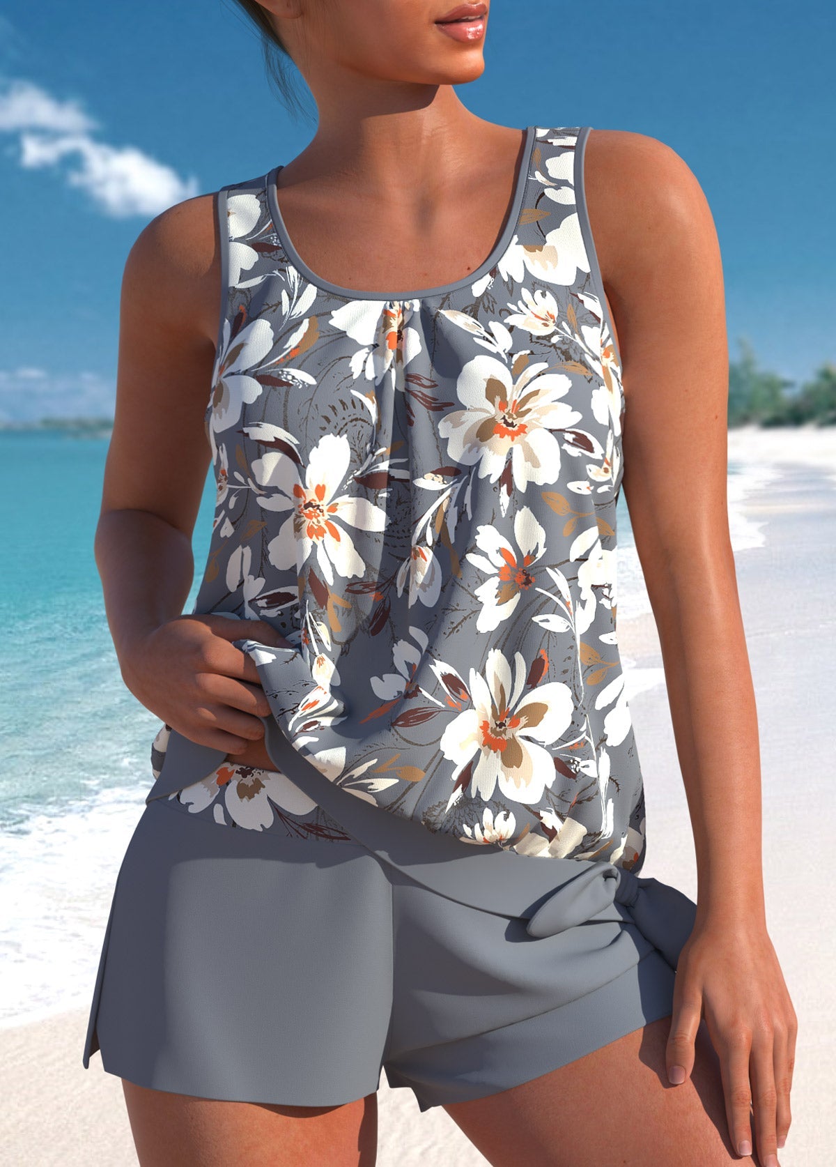 Elegancki tankini z wysokim stanem z tropijnym wzorem