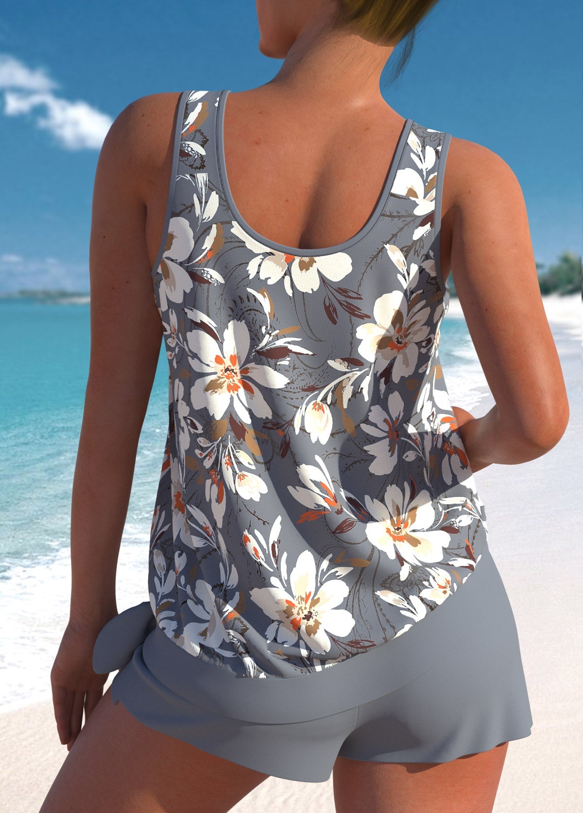 Elegancki tankini z wysokim stanem z tropijnym wzorem