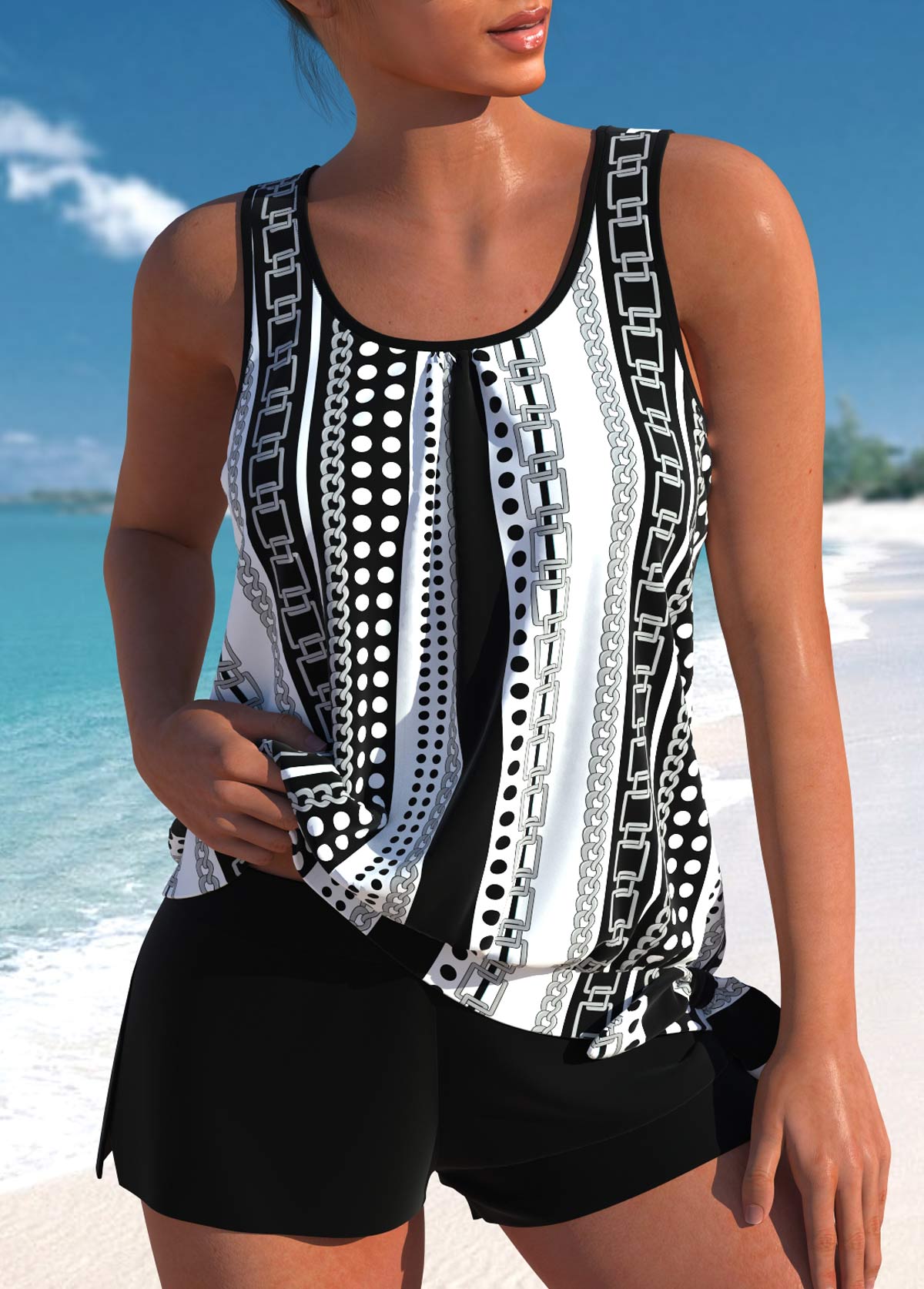 Elegancki tankini z wysokim stanem z tropijnym wzorem