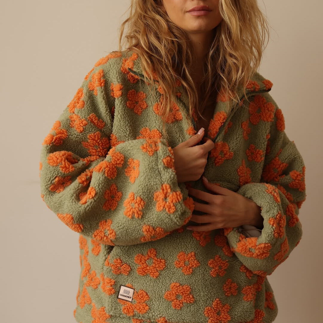 Daisy | Cozy Floral Fleece Zip-Up Pullover
