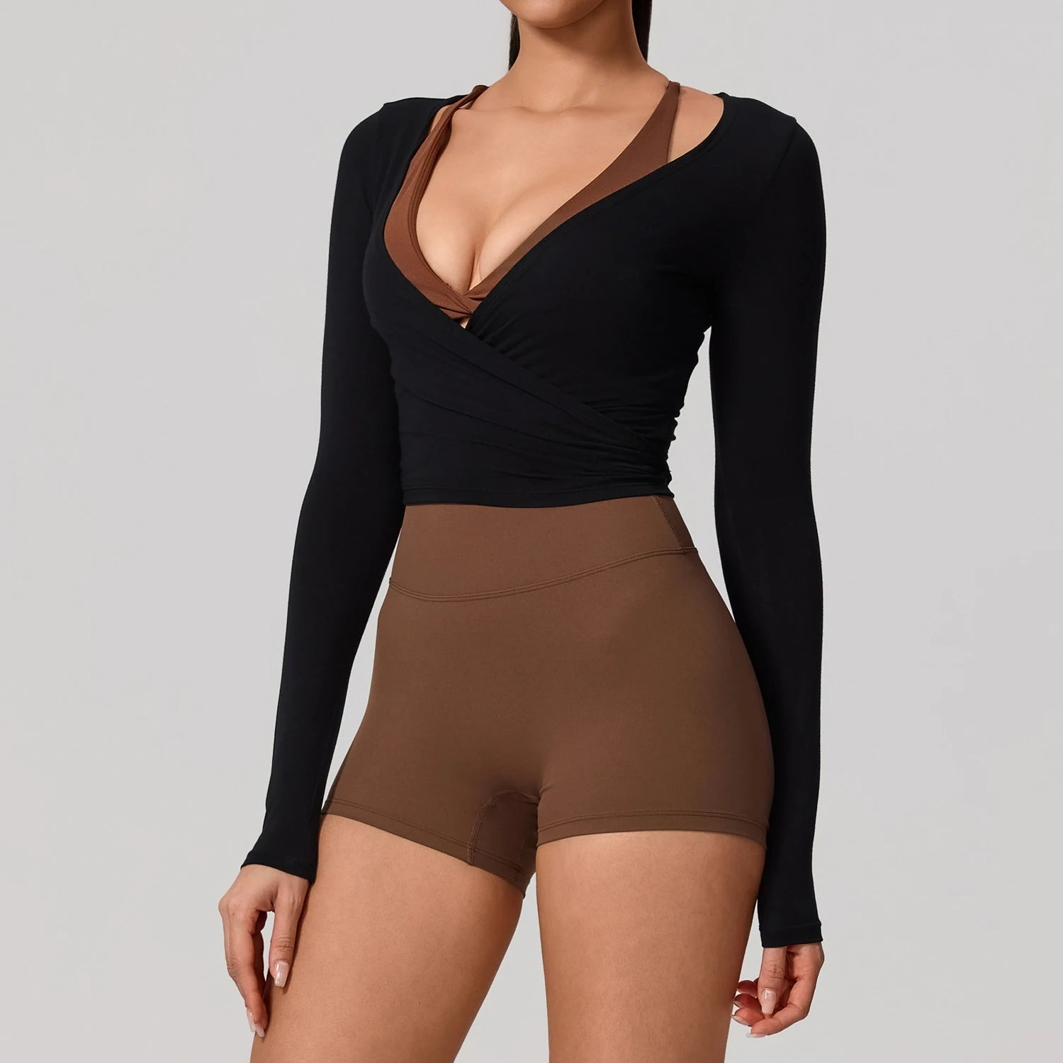 Camiseta de yoga de manga larga para mujer (verano) - Ropa deportiva transpirable y de secado rápido para gimnasio, pilates, danza y ballet (estilo cruzado)