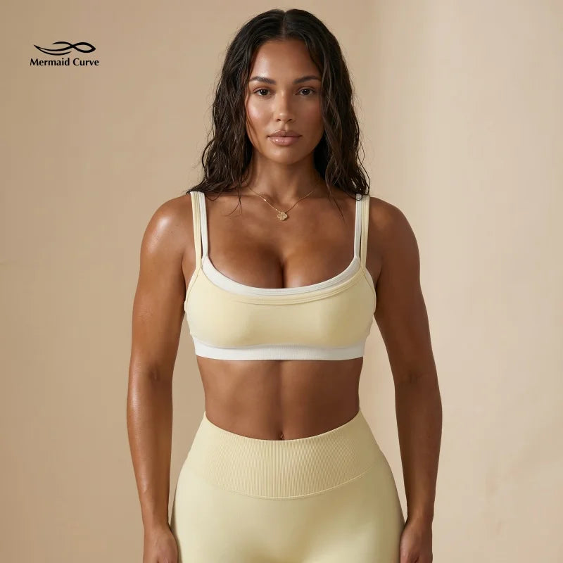 Sujetador deportivo Mermaid Curve estilo falso dos piezas para mujer; top corto sin costuras con relleno push-up, ideal para yoga, gimnasio, fitness y running.