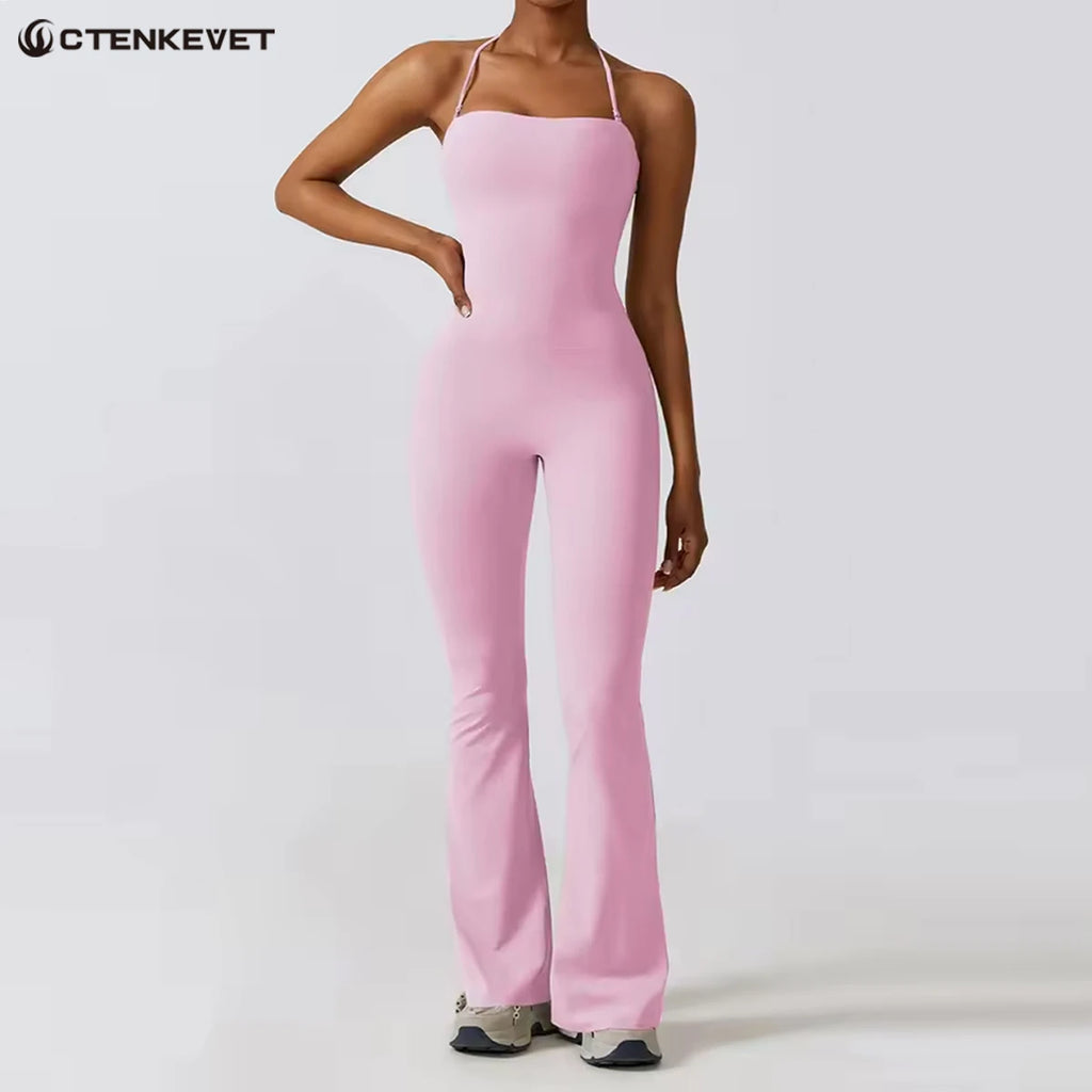 Nuevo mono de yoga sin mangas para mujer, estilo acampanado, con cuello halter y espalda descubierta; ideal para gimnasio y deporte.