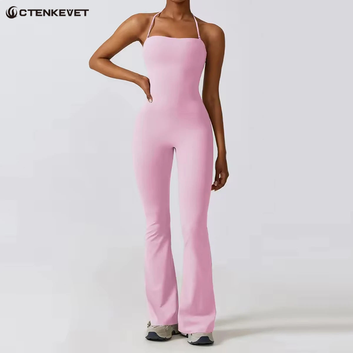 Nuevo mono de yoga sin mangas para mujer, estilo acampanado, con cuello halter y espalda descubierta; ideal para gimnasio y deporte.