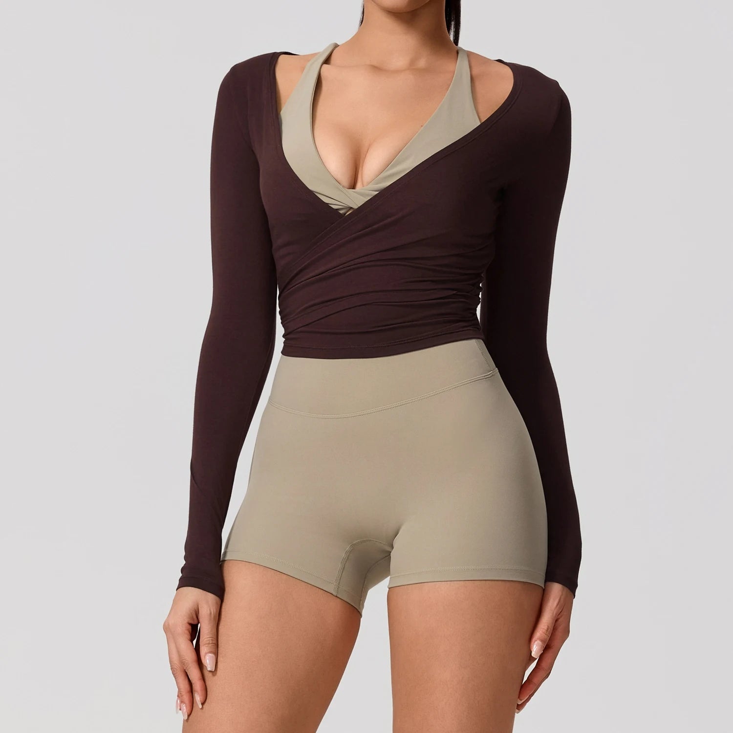 Camiseta de yoga de manga larga para mujer (verano) - Ropa deportiva transpirable y de secado rápido para gimnasio, pilates, danza y ballet (estilo cruzado)