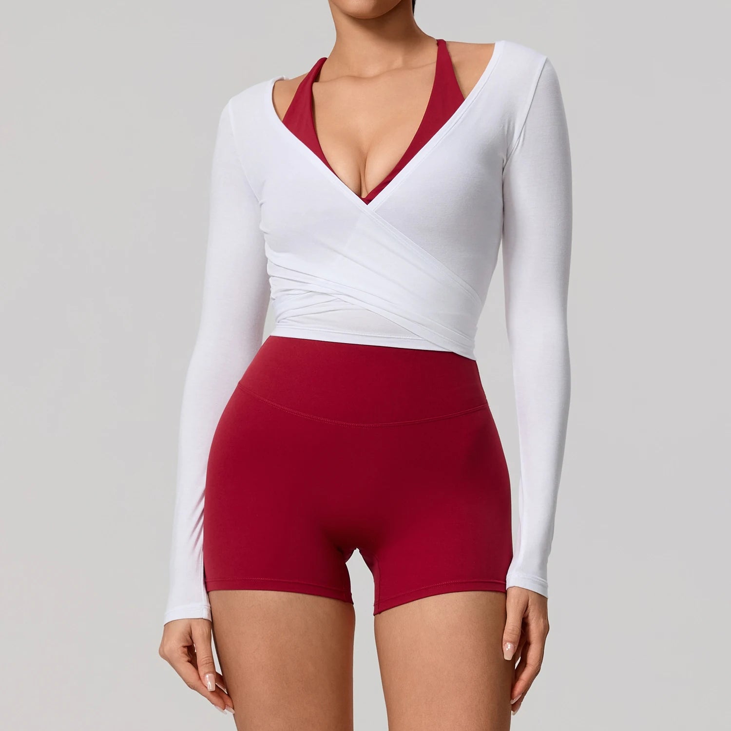 Camiseta de yoga de manga larga para mujer (verano) - Ropa deportiva transpirable y de secado rápido para gimnasio, pilates, danza y ballet (estilo cruzado)