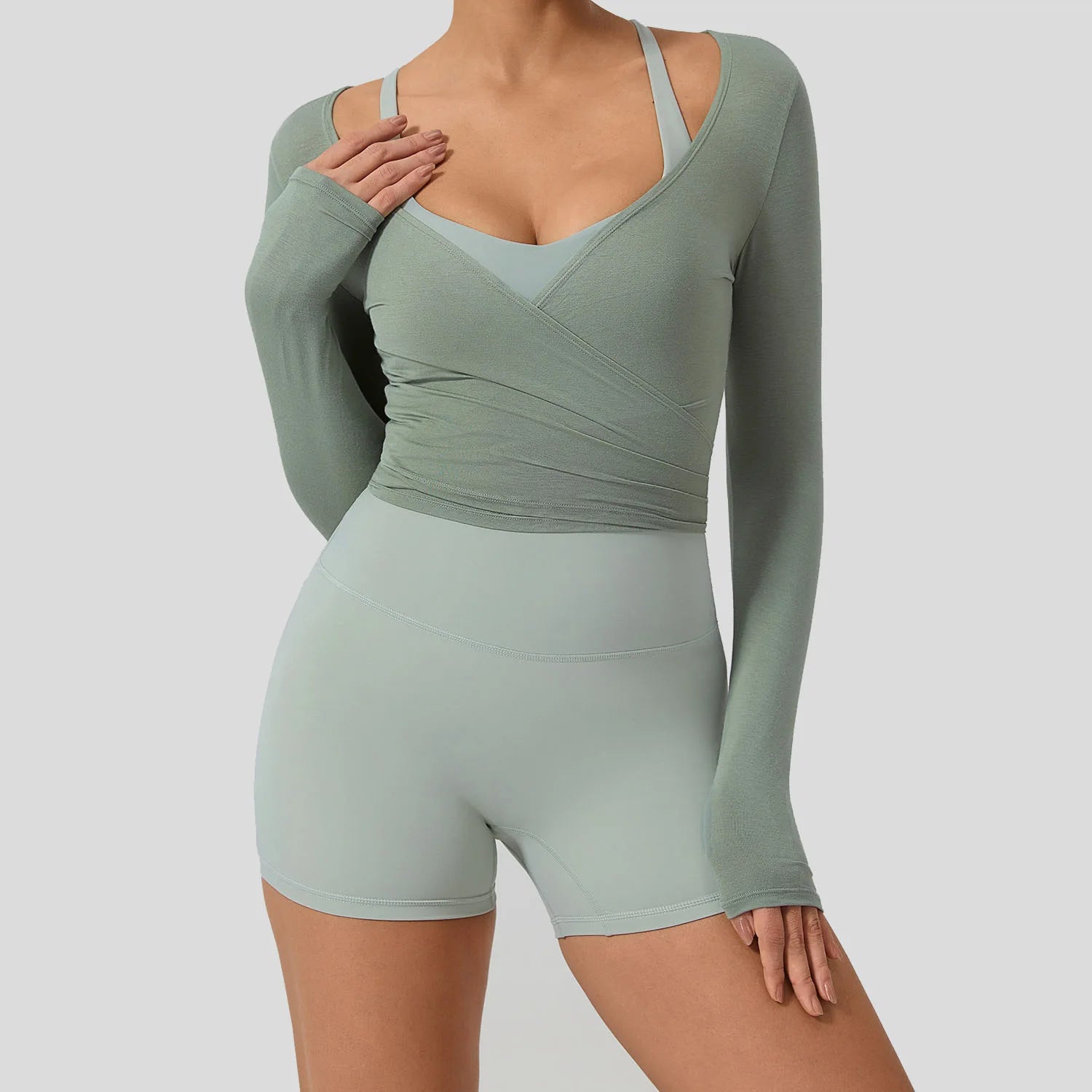 Camiseta de yoga de manga larga para mujer (verano) - Ropa deportiva transpirable y de secado rápido para gimnasio, pilates, danza y ballet (estilo cruzado)
