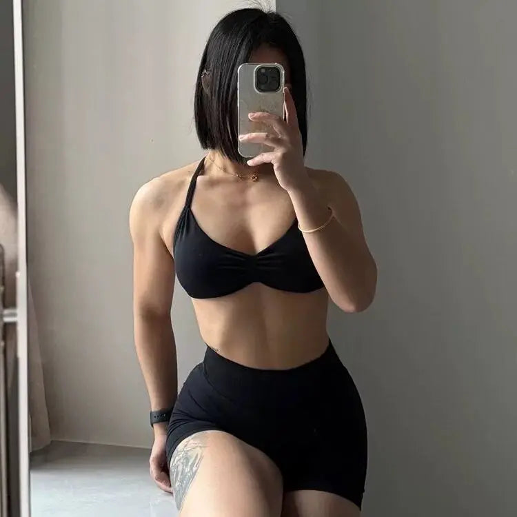 Conjunto de yoga para mujer, fitness, transpirable, entrenamiento de secado rápido, espalda bonita, ropa interior fruncida, cintura alta, pantalón corto que levanta las caderas.