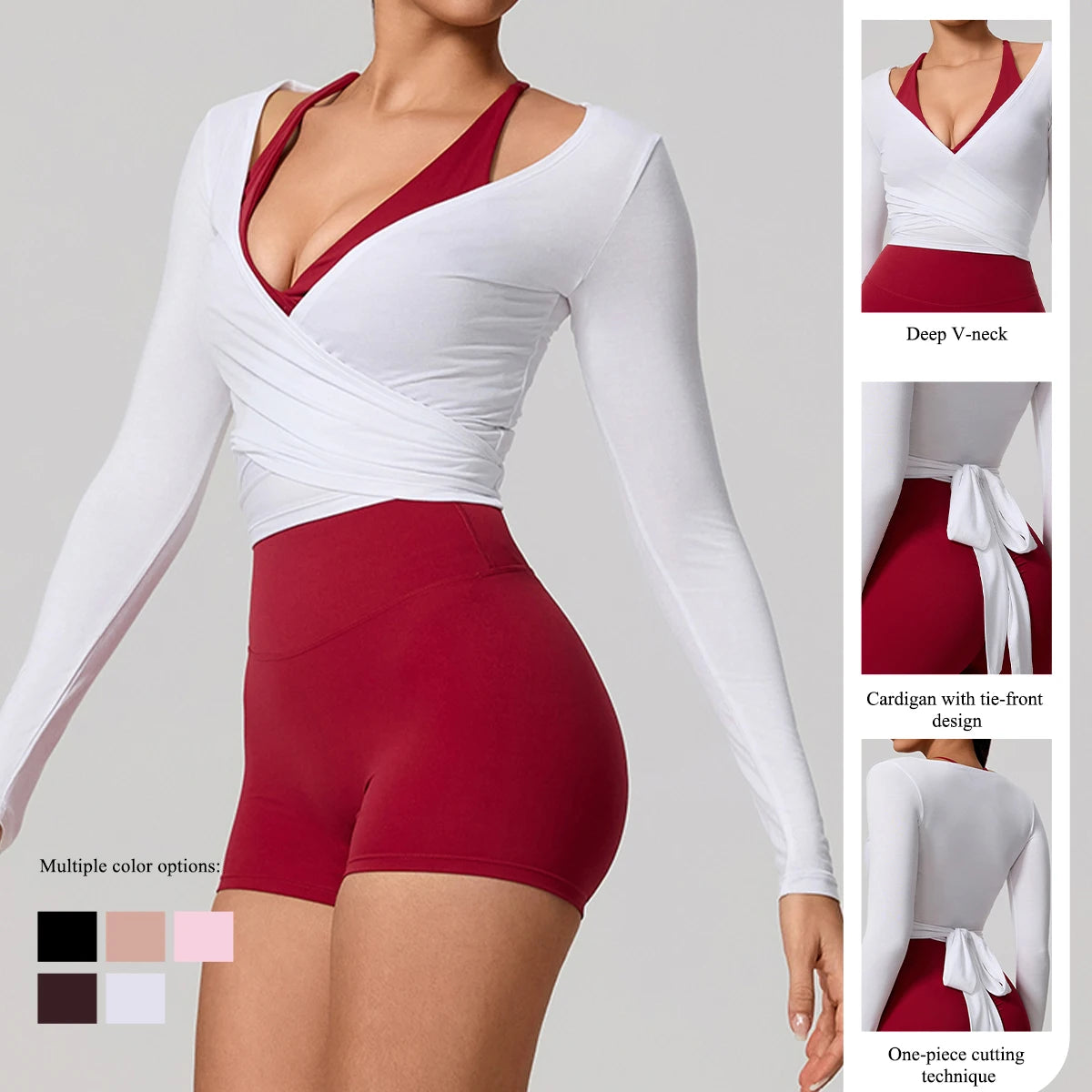Camiseta de yoga de manga larga para mujer (verano) - Ropa deportiva transpirable y de secado rápido para gimnasio, pilates, danza y ballet (estilo cruzado)
