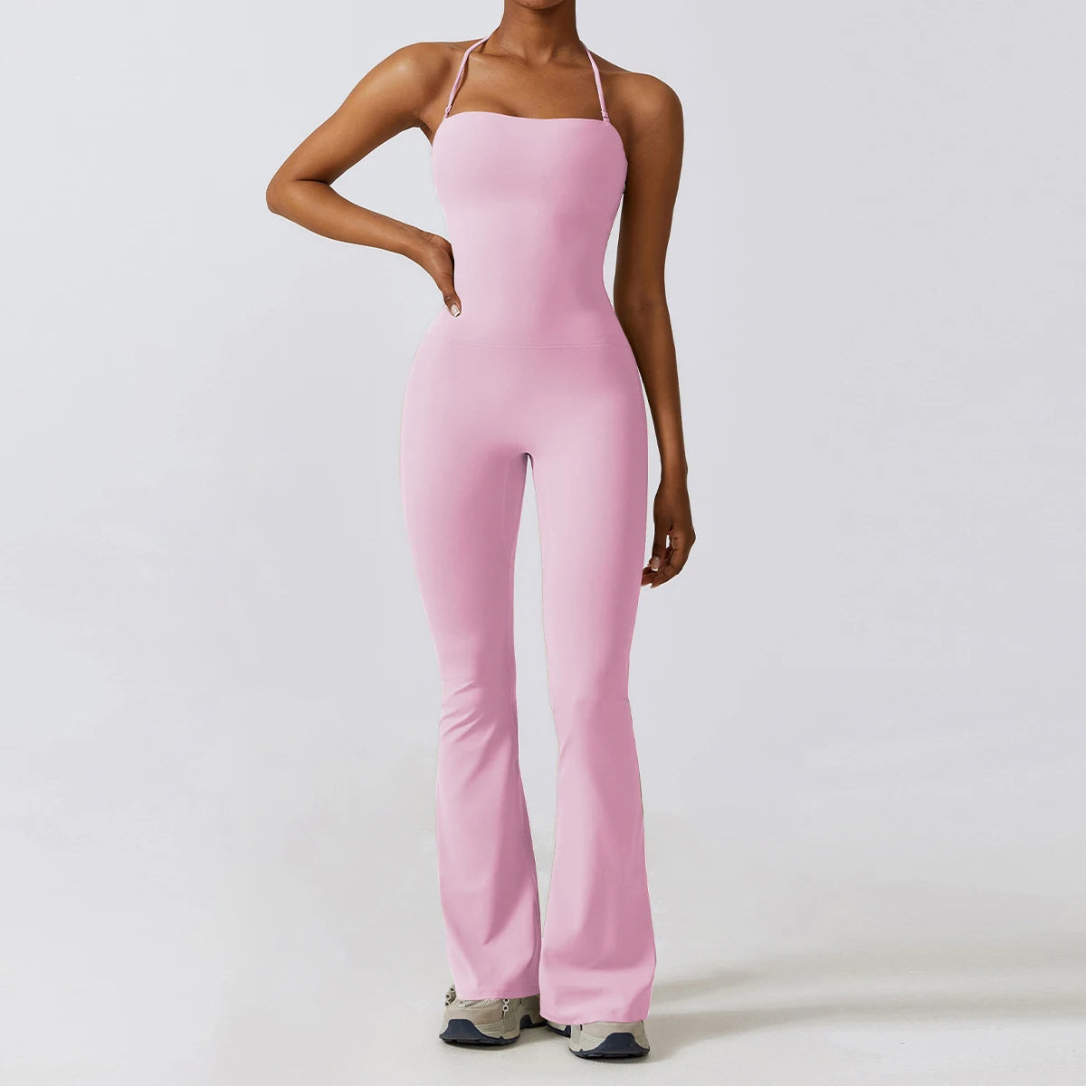 Nuevo mono de yoga sin mangas para mujer, estilo acampanado, con cuello halter y espalda descubierta; ideal para gimnasio y deporte.