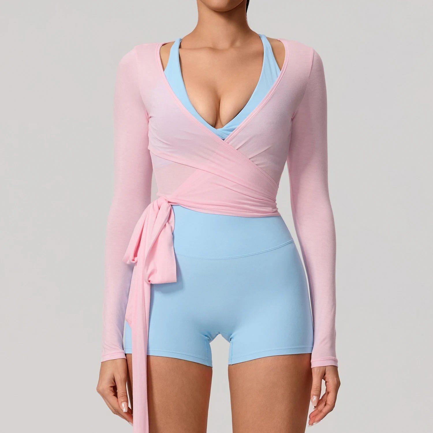 Camiseta de yoga de manga larga para mujer (verano) - Ropa deportiva transpirable y de secado rápido para gimnasio, pilates, danza y ballet (estilo cruzado)