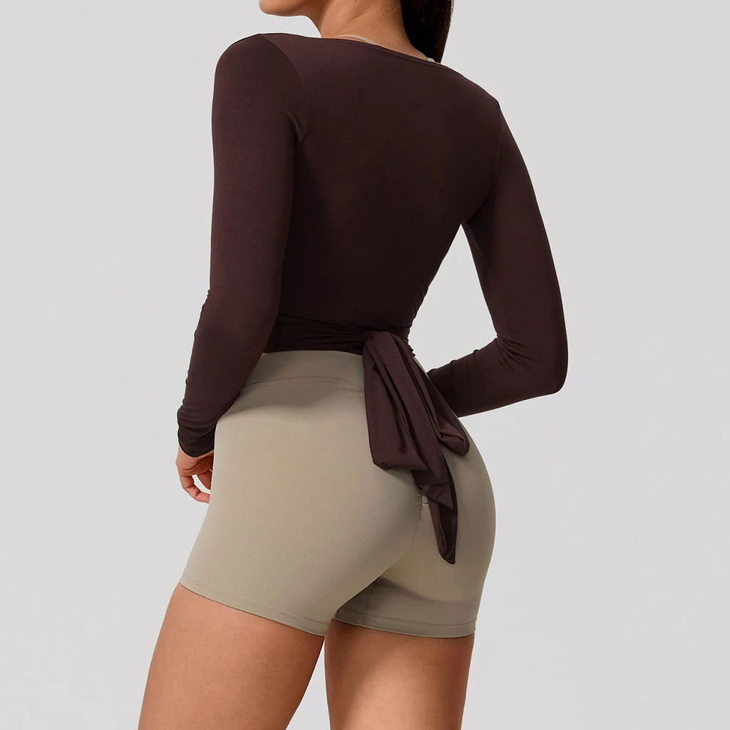 Camiseta de yoga de manga larga para mujer (verano) - Ropa deportiva transpirable y de secado rápido para gimnasio, pilates, danza y ballet (estilo cruzado)