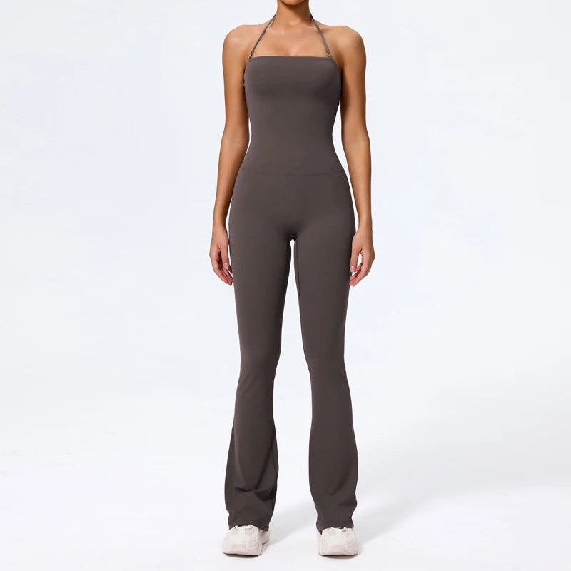 Nuevo mono de yoga sin mangas para mujer, estilo acampanado, con cuello halter y espalda descubierta; ideal para gimnasio y deporte.