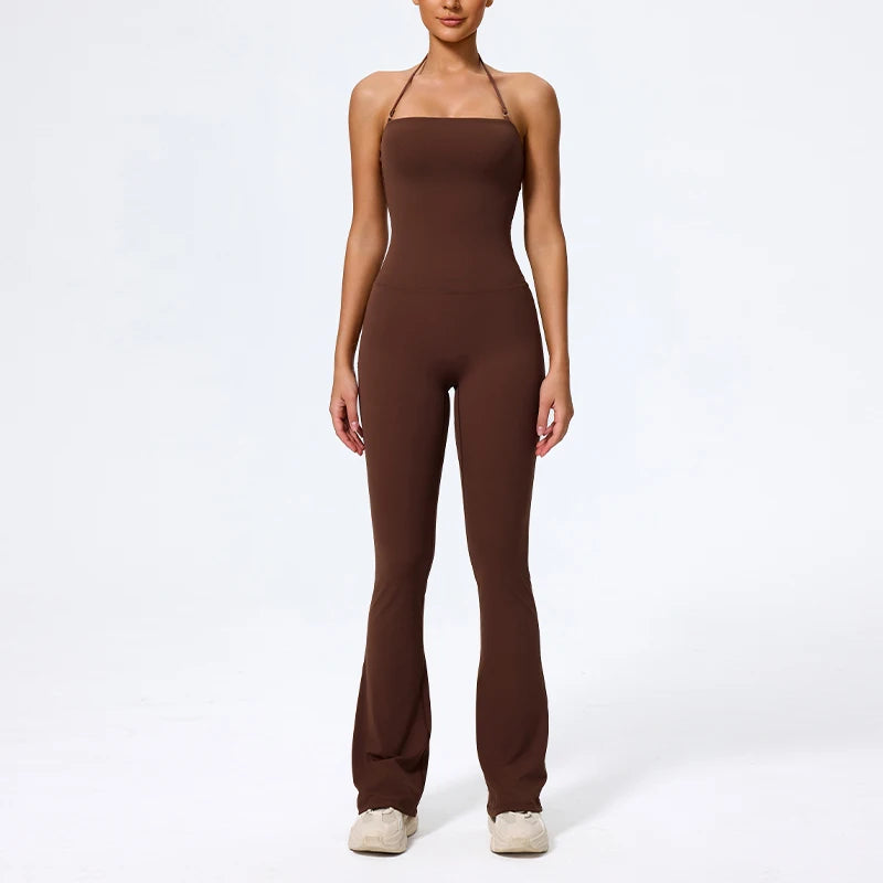 Nuevo mono de yoga sin mangas para mujer, estilo acampanado, con cuello halter y espalda descubierta; ideal para gimnasio y deporte.