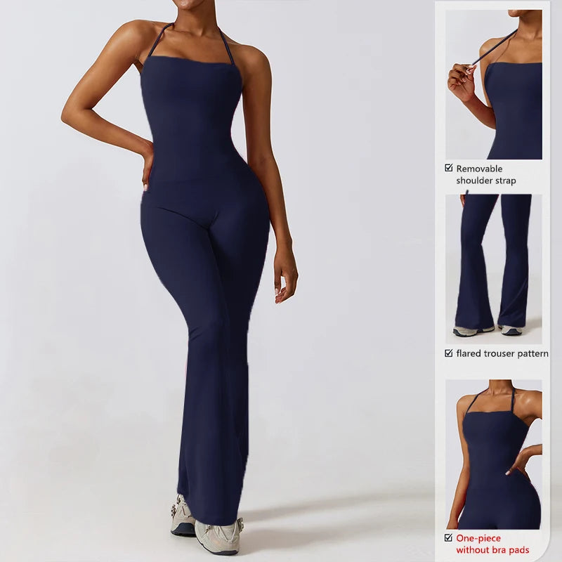 Nuevo mono de yoga sin mangas para mujer, estilo acampanado, con cuello halter y espalda descubierta; ideal para gimnasio y deporte.