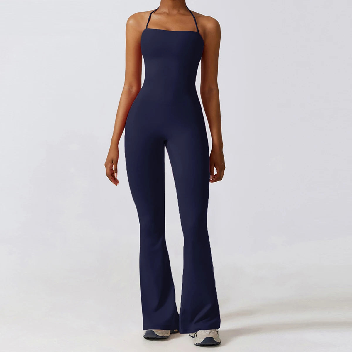 Nuevo mono de yoga sin mangas para mujer, estilo acampanado, con cuello halter y espalda descubierta; ideal para gimnasio y deporte.