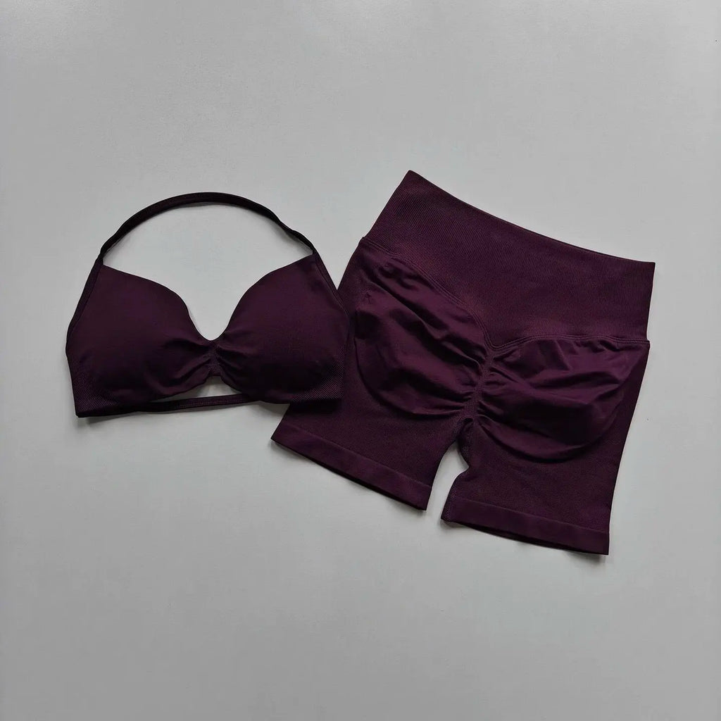 Conjunto de yoga para mujer, fitness, transpirable, entrenamiento de secado rápido, espalda bonita, ropa interior fruncida, cintura alta, pantalón corto que levanta las caderas.