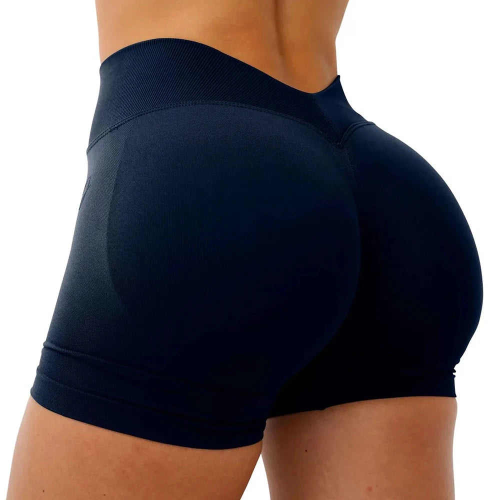 Shorts deportivos para mujer: sin costuras, ideales para yoga, fitness y entrenamiento; diseño con efecto realce de glúteos y cintura en forma de V.