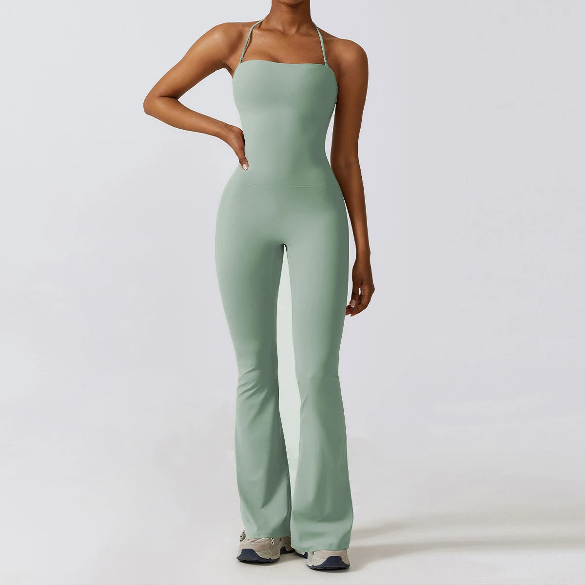 Nuevo mono de yoga sin mangas para mujer, estilo acampanado, con cuello halter y espalda descubierta; ideal para gimnasio y deporte.