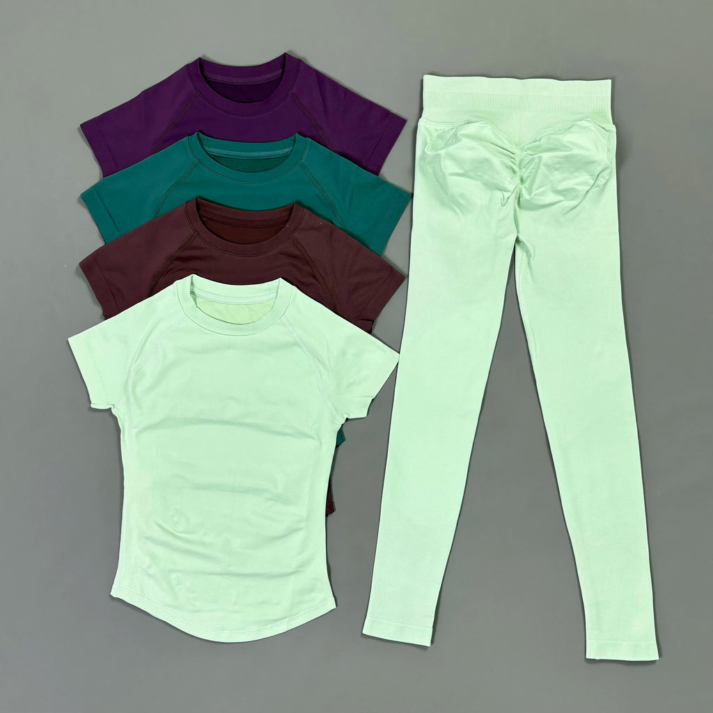 Conjunto deportivo de 2 piezas para mujer: camiseta de manga corta sin costuras y leggings deportivos con efecto realce de glúteos.
