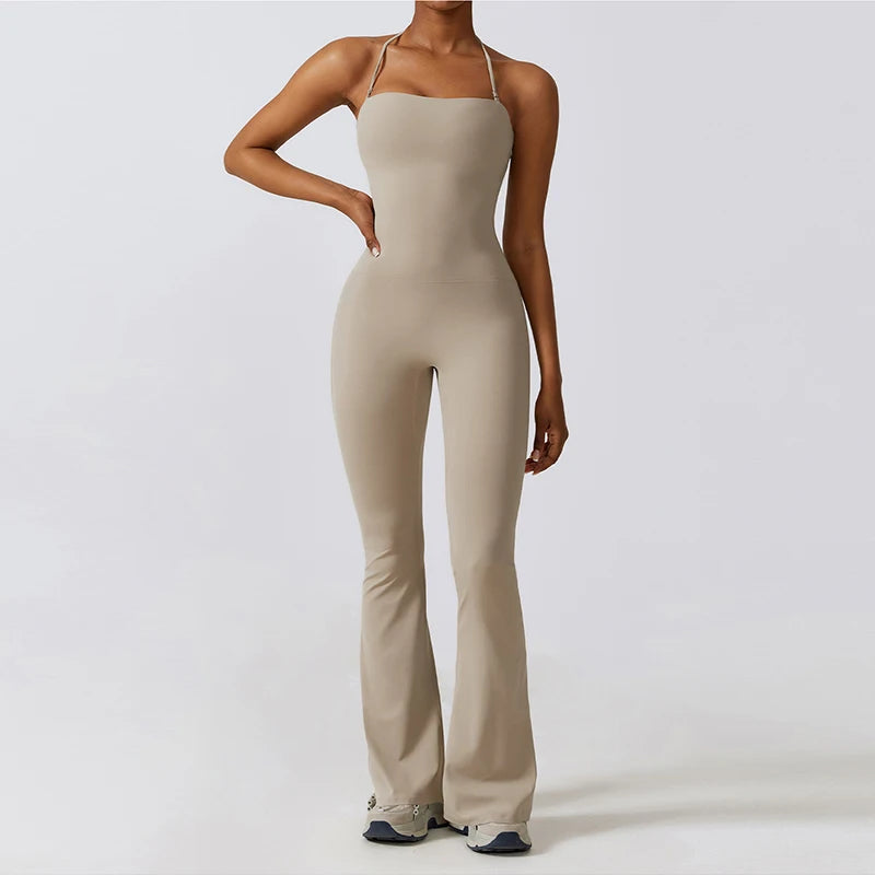 Nuevo mono de yoga sin mangas para mujer, estilo acampanado, con cuello halter y espalda descubierta; ideal para gimnasio y deporte.