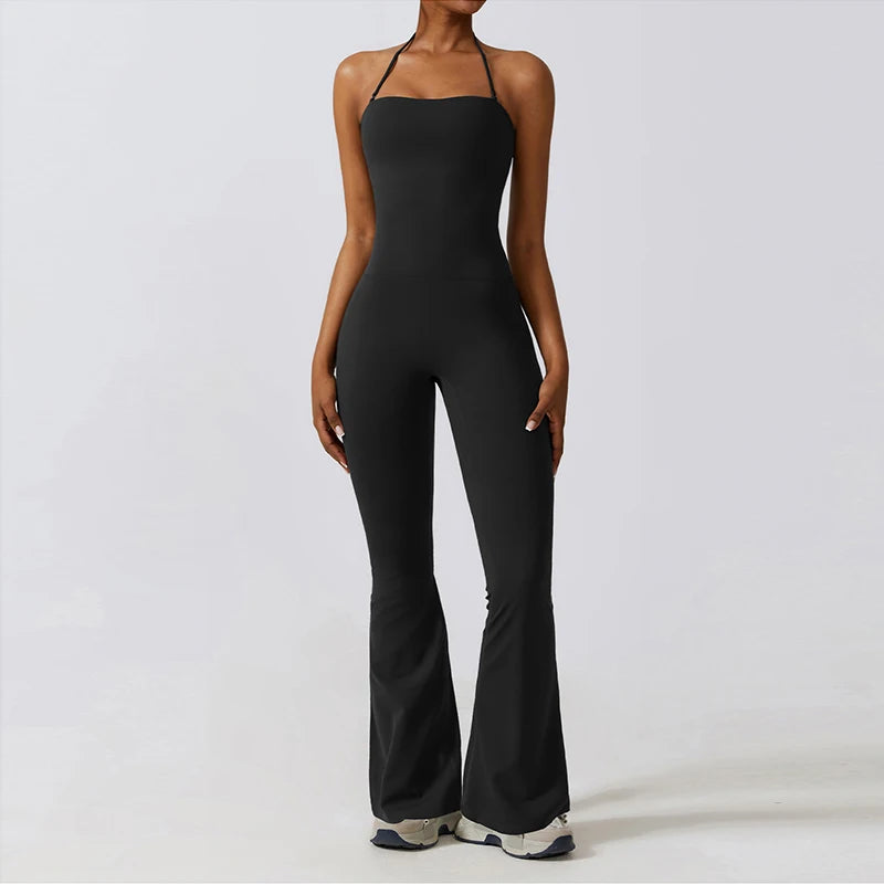 Nuevo mono de yoga sin mangas para mujer, estilo acampanado, con cuello halter y espalda descubierta; ideal para gimnasio y deporte.