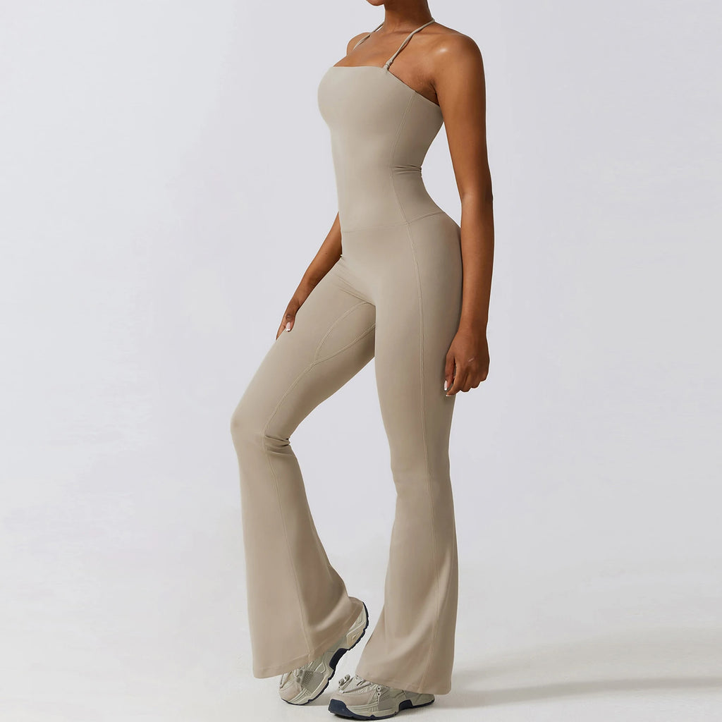 Nuevo mono de yoga sin mangas para mujer, estilo acampanado, con cuello halter y espalda descubierta; ideal para gimnasio y deporte.