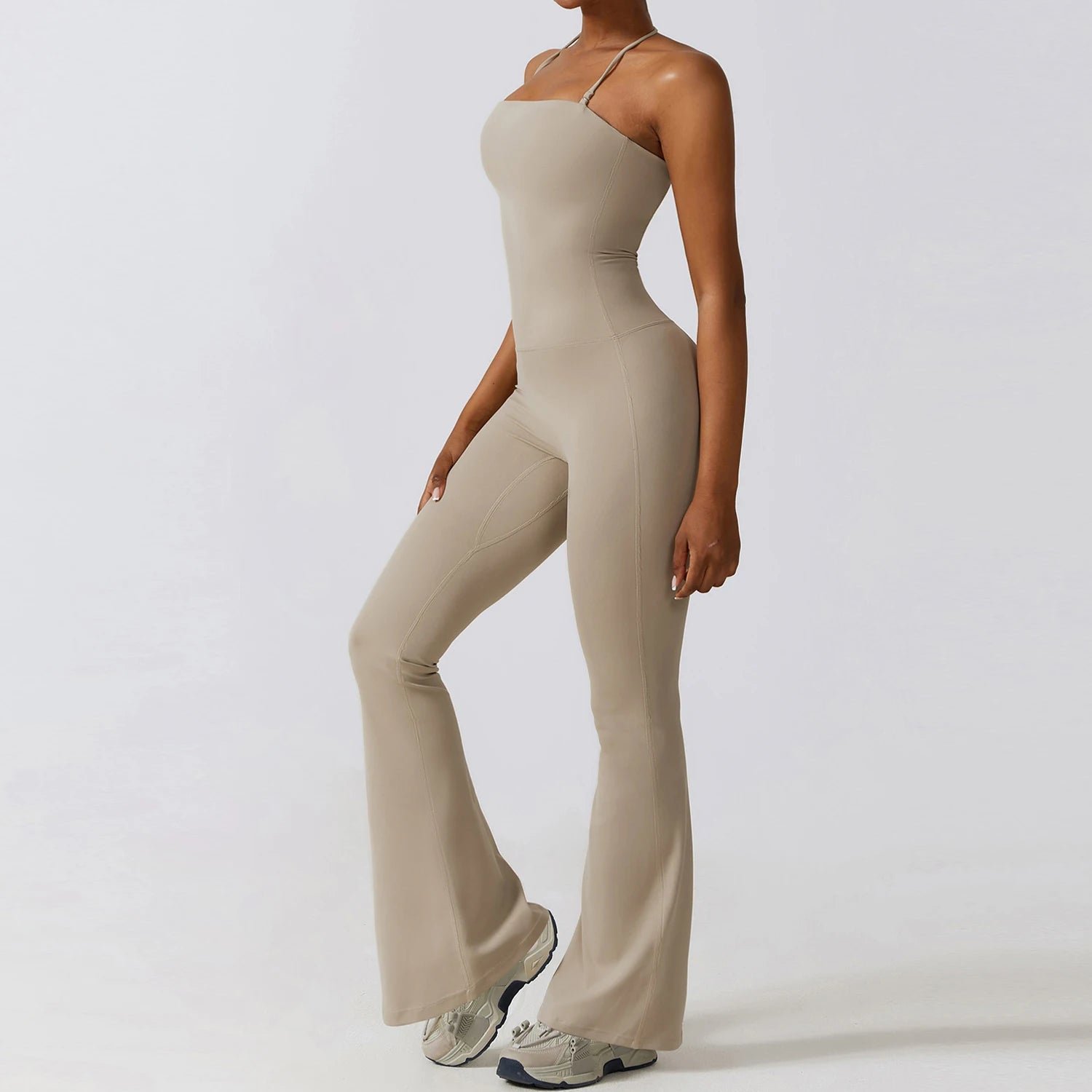 Nuevo mono de yoga sin mangas para mujer, estilo acampanado, con cuello halter y espalda descubierta; ideal para gimnasio y deporte.