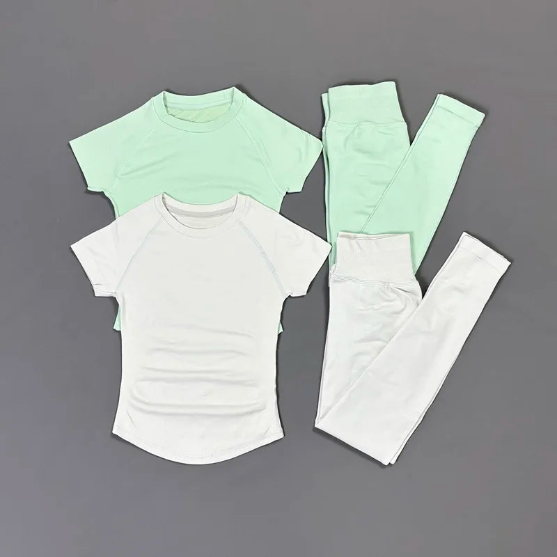 Conjunto deportivo de 2 piezas para mujer: camiseta de manga corta sin costuras y leggings deportivos con efecto realce de glúteos.