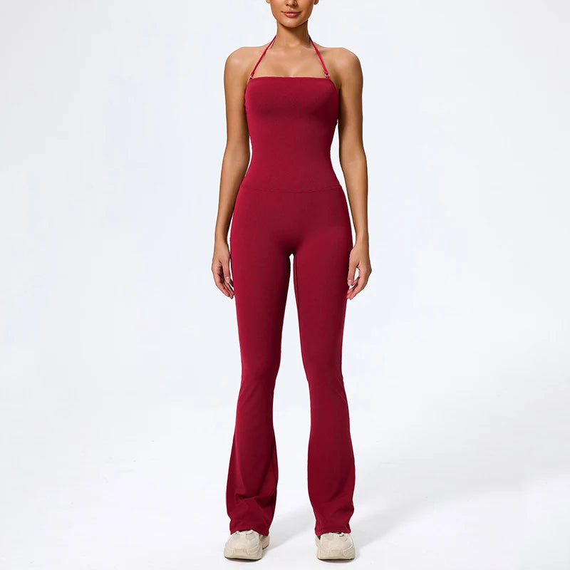Nuevo mono de yoga sin mangas para mujer, estilo acampanado, con cuello halter y espalda descubierta; ideal para gimnasio y deporte.